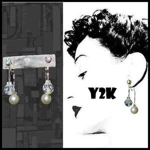 Formal Clip On Dangle Earrings UNIQUE Design Double Dangles Faux Pearl & Crystal
